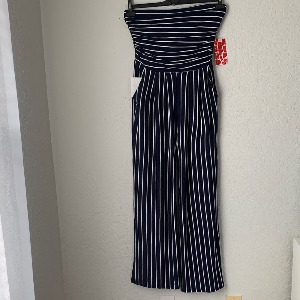NWT Heart Hips Navy/White Striped Strampless Wide Leg Jumpsuit Size L